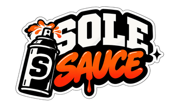 A stylized graphic sticker or decal reading 'SOLE SAUCE' with a spray can icon and orange paint splatter, shown on a plain light background.